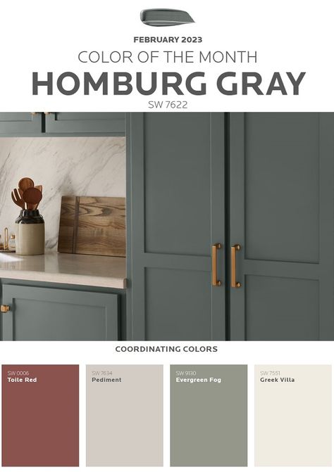 February 2023 Sherwin-Williams Color of the Month: Homburg Gray – Renew Painting LLC Kitchen Cabinets Painted Evergreen Fog, Sw Homburg Gray Cabinets, Greek Villa And Evergreen Fog, Sw Homburg Gray Exterior Paint, Sw 9130 Evergreen Fog, Sw Forged Steel Paint, Sherwin Williams Toile Red, Sw Evergreen Fog Coordinating Colors, Sw Pediment Paint