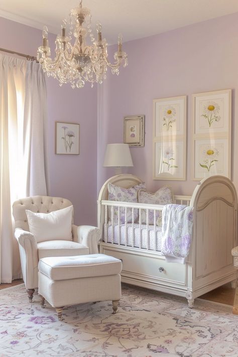 Daisy Themed Nursery Bridgerton Theme Nursery, Lavender Themed Nursery, Cute Girl Nursery Ideas, Purple Themed Nursery, Bridgerton Themed Nursery, Baby Girl Nursery Lavender, Lilac Nursery Ideas, Baby Girl Nursery Inspiration, Bridgerton Nursery Ideas