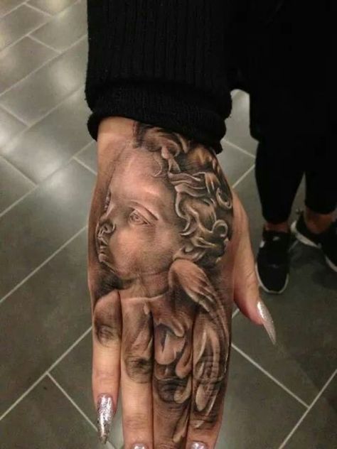 angel hand tattoo | realism tattoo | portrait tattoo | finger tattoos | nails Face Angels, Angel Hand Tattoo, Wings Ideas, Hand Portrait, On Hand Tattoo, Heart Tattoo Ideas, Tattoo Angel, Face Tattoos For Women, Finger Tattoo For Women