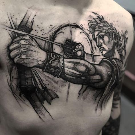 Greek mythology tattoo on the chest | www.otziapp.com Dagger Tattoo For Men, Apollo Tattoo Ideas, Apollo Tattoo, Greek God Tattoo, Sagittarius Tattoo, Roswell Georgia, Tattoo Themes, Kunst Tattoos, Greek Mythology Tattoos