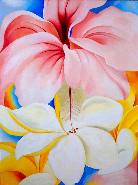 lilacs and wild geese: georgia-o-keeffe: Hibiscus with Plumeria, 1939,... Georgia O'keefe Art, Georgia O Keeffe Paintings, O Keeffe Paintings, Georgia Okeefe, Alfred Stieglitz, Illustration Botanique, Jeff Koons, Georgia O Keeffe, O Keeffe