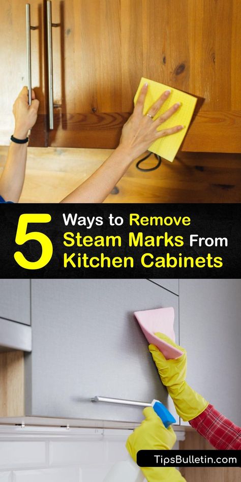 Follow our cleaning tips and learn how to remove steam, heat, and water stains from wooden kitchen cabinets. It’s easy to clean kitchen cabinets to remove steam stains with a soft cloth, mayonnaise, toothpaste, vinegar, and other common cleaners. #how #remove #steam #marks #cabinets #kitchen How To Clean White Cabinets Kitchens, Cabinet Cleaner, White Wood Stain, Remove Water Stains, Diy Household Cleaners, Wooden Kitchen Cabinets, Cleaning Cabinets, Remove Oil Stains, Clean Kitchen Cabinets