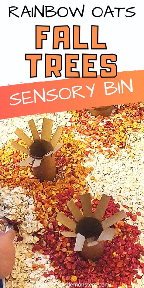 Leave Sensory Bins, Rainbow Oats Sensory Play, Leaves Activities For Infants, Tree Theme Sensory Table, Fall Leaf Sensory Bin, Tree Sensory Bin Preschool, Toddler Fall Sensory Bin, Fall Leaves Sensory Bin, Autumn Messy Play For Toddlers