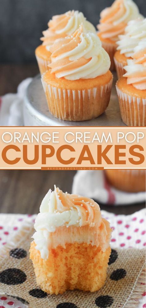 The perfect sweet treat for Orange Cream Pops lovers! Topped with a swirled orange and vanilla buttercream frosting, this orange-flavored cupcake recipe makes a refreshing summer dessert. No one… Orange Buttercream Frosting, Beyond Frosting, Orange Buttercream, Orange Cupcakes, Pop Cupcakes, Gourmet Cupcakes, Cupcake Flavors, Dessert Cupcakes, Yummy Cupcakes