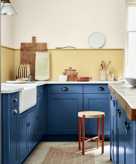 Warm Yellow Paint Colors, Deep Blue Paint, Patterned Blinds, Yellow Paint Colors, Plain Curtains, Made To Measure Blinds, Blue Paint Colors, Little Greene Paint, Yellow Kitchen