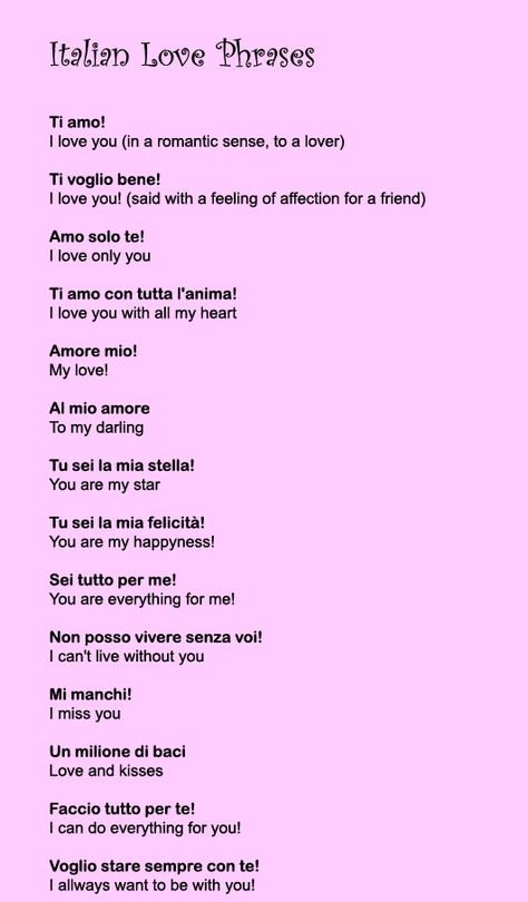 Italian Love phrases                                                                                                                                                     Más Italian Basics, Italian Love Phrases, Italian Idioms, Italian Love Quotes, Italian Love, Speak Italian, Learn To Speak Italian, Language Italian, Italian Vocabulary