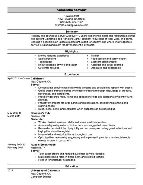 Use this professional Servers resume sample to create your own powerful job application in a flash. Restaurant Resume, Restaurant Server, Server Resume, Sales Resume Examples, Sales Resume, Basic Resume, Job Resume Examples, Minimalist Resume, Good Resume Examples