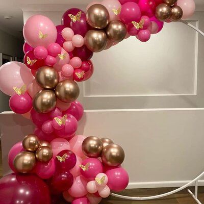 Hot Pink Balloon Garland Kit: Total 150 pcs. 18 inch light pink, dark pink balloons; 12 inch chrome gold balloons; 10 inch pink, fuchsia, raspberry, pale rose red balloons; 5 inch baby pink, neon pink balloons (Total latex balloons 134 pcs). Gold butterfly stickers 12 pcs. Accessory: balloon decoration strip x 1 pcs, balloon decoration tape x 1 pcs, balloon decoration ribbon x 1 pcs, instruction x 1 pcs | TRUST 134 Piece Balloon in Pink / Yellow | Wayfair Dark Pink Balloons, Hot Pink Balloon Garland, 30th Ideas, Butterfly Baby Shower Decorations, Pink And Gold Decorations, Pink Balloon Garland, Sailor Moon Birthday, Hot Pink Butterfly, Pink And Gold Birthday Party