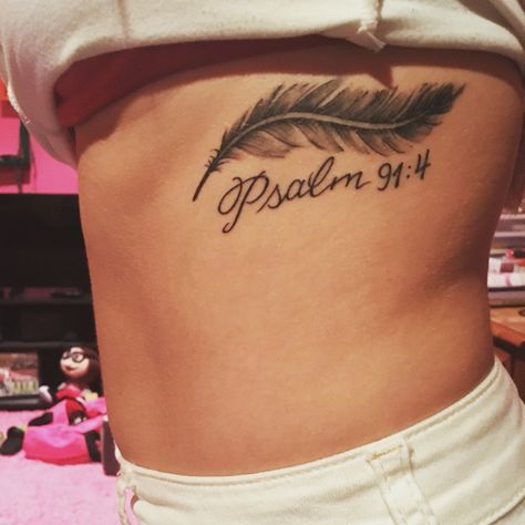 • He will cover you with his feathers and under his wings you will find refuge • psalm 91:4 Scripture Tattoos, Verse Tattoos, Feather Tattoo Design, 4 Tattoo, Back Of Shoulder Tattoo, Beautiful Scripture, Shoulder Tattoos For Women, Feather Tattoo, Psalm 91