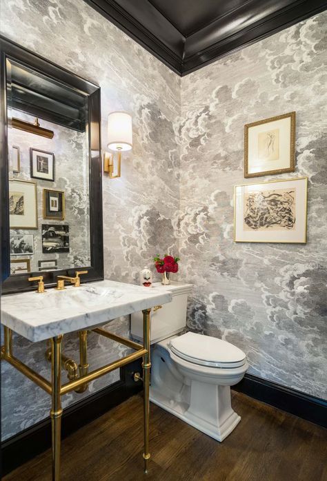 19 Bathroom Remodeling Ideas That Will Have You Calling Your Contractor ASAP Black Baseboards, Window Modern, Modern Powder Rooms, Luxe Bathroom, Powder Room Wallpaper, Interior Design Portfolios, Powder Room Design, Transitional Bathroom, Room Window