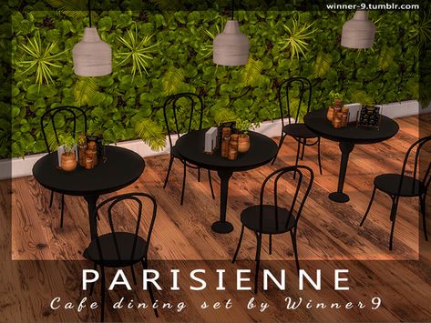 Winner9's Parisienne Cafe dining set | #ts4cc #sims4cc sims 4 cc custom content French restaurant furniture decor Sims 4 Restaurant Signs, French Cafe Furniture, Restaurant Sims 4, Resturant Decor, Outdoor Bar Ideas, Sims 4 Restaurant, Lotes The Sims 4, Cafe Dining, Restaurant Booth