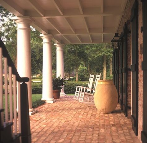 Brick, shutters and columns.  Love this traditional southern porch. A Hays Town, Brick Porch, Painted Brick Walls, Town Homes, Southern Architecture, Louisiana Homes, Brick Flooring, Painted Brick, The Porch