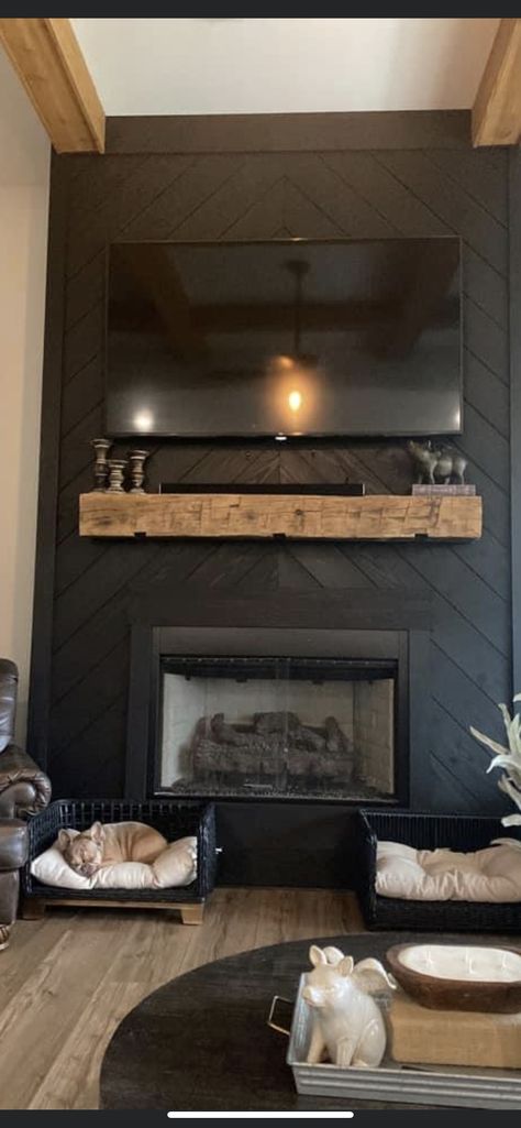 Black Wall And Wood Living Room, Black Farmhouse Fireplace Ideas, Panel Accent Wall Fireplace, Leather Fireplace Wall, Wood Design Fireplace Wall, Black Shiplap Faux Fireplace, Wood Wall Behind Fireplace, Accent Wall Fireplace Living Room Wood, Modern Farmhouse Living Room Black Fireplace