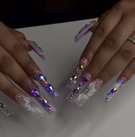 Birthday Nail Set Purple, Dark Purple Nails Quinceanera, Xl Long Acrylic Nails Purple, White Nails With Purple Rhinestones, Purple Sets Nails, 18th Birthday Nails Purple, Purple And Gold Bling Nails, Purple Full Set Nails, Lavender White And Silver Nails