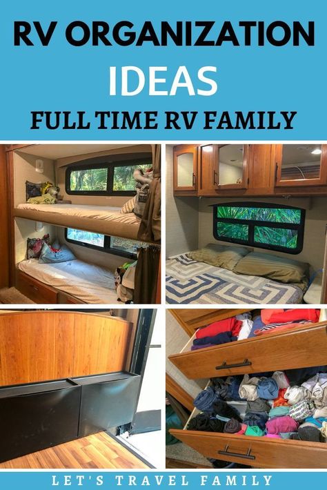 RV Organization ideas - Living in a motorhome full-time with 4 kids, how  do we keep organized. Watch our RV tour and see some pictures and ideas on how we organize our Class C RV. #rv #rvliving #rvlife #rving #familytravel #motorhome #rvcamping #rvs #organizationideas Rv Organization Ideas, Rv Living Organization, Motorhome Living, Travel Trailer Organization, Travel Trailer Living, Trailer Organization, Rv Camping Checklist, Rv Camping Tips, Camper Organization