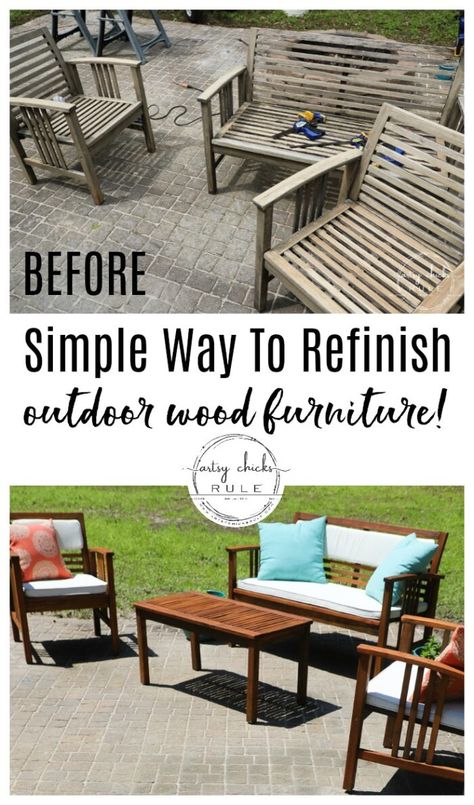 Learn how to quickly, and simply, refinish outdoor wood furniture with just one product! Make your patio furniture look better than brand new. artsychicksrule.com #restainoutdoorfurniture #refinishoutdoorfurniture #patiofurnituremakeover Refinished Patio Furniture, Painting Outdoor Wood Furniture, Painting Patio Furniture, Outdoor Furniture Makeover, Build Outdoor Furniture, Wooden Patio Furniture, Wood Patio Chairs, Patio Furniture Makeover, Wood Bench Outdoor