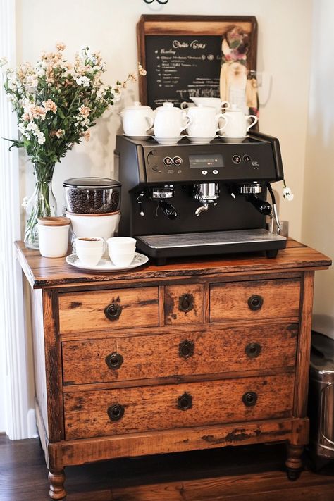 13 Coffee Bar Ideas To Create Your Perfect Brew Corner – DreamyHomeStyle Dresser As Coffee Bar, Antique Buffet Coffee Bar, Vintage Coffee Station, Retro Coffee Bar, Desk In Kitchen Ideas, Vintage Coffee Bar Ideas, Antique Coffee Bar, Cottage Coffee Bar, Bedroom Coffee Station