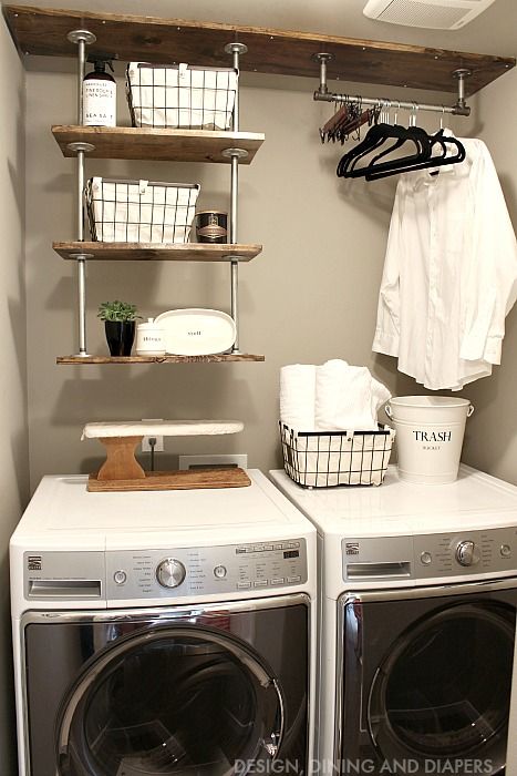 Industrial pipe laundry room shelves, by Design, Dining and Diapers, featured on Funky Junk Interiors Diy Lavanderia, Laundry Room Storage Shelves, Tiny Laundry Rooms, Small Laundry Room Organization, Room Storage Diy, Smart Tiles, Farmhouse Laundry, Laundry Room Shelves, Farmhouse Laundry Room