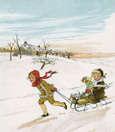 Girl pulling sled through the snow with baby riding Vintage Antique Free Illustration Sled Drawing, Sleigh Illustration, Sledding Illustration, Sled Ride, Snow Sled, Winter Drawings, Forest Drawing, Vintage Illustration Art, Winter Illustration