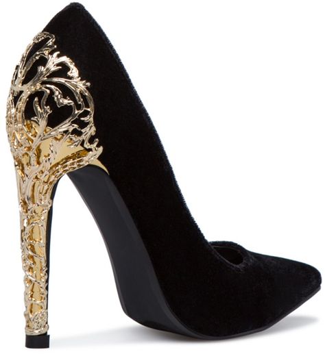 Embellished 'Krya' Pump With Gold Filigree Heel Quince Heels, Princess Of China, Black And Gold Shoes, High Heels For Prom, Gold Wedding Shoes, Heels Aesthetic, Gold High Heels, Quince Ideas, Gold Pumps