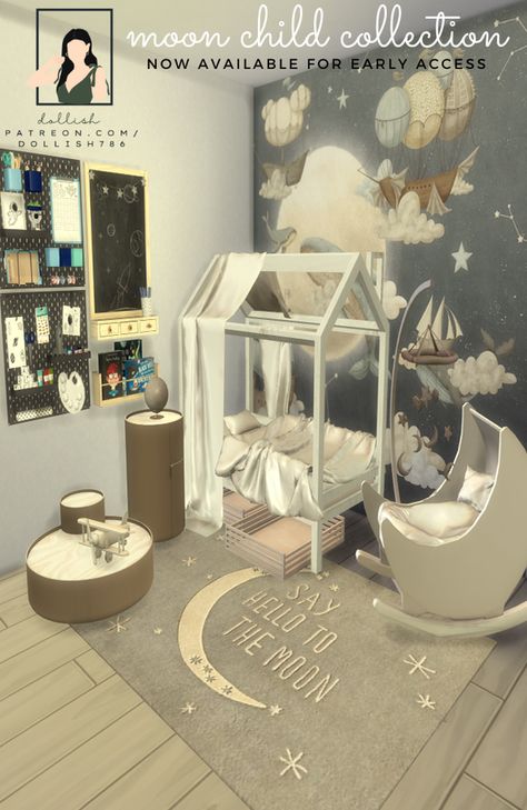 The Moon Child Collection! | Patreon Moon Cradle, Sims 4 Cc Furniture Living Rooms, Sims 4 Content, 2 Side Tables, Sims 4 Beds, Toy Airplane, Sims Baby, Mod Furniture, Sims 4 Bedroom