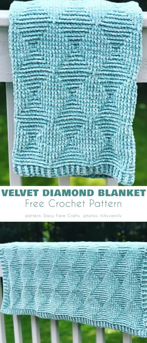 Diamond Crochet Pattern Free, Chenille Blanket Crochet, Crochet Blanket Patterns Bernat, Velvet Crochet, Crochet Throw Pattern, Chenille Blanket, Crochet Afghan Patterns Free, Crocheting Patterns, Velvet Yarn