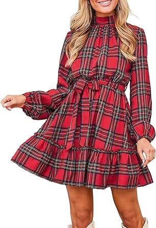 CUPSHE Women's Mini Dress High Neck Plaid Long Sleeve Belted Ruffled Hem Short Dresses Red Plaid High Neck Long Dress, Beachwear Brands, Trendy Christmas Outfits, Red Plaid Dress, Dress Stand, Frill Dress, Fall Dress, Dresses Red, Ruffle Mini Dress