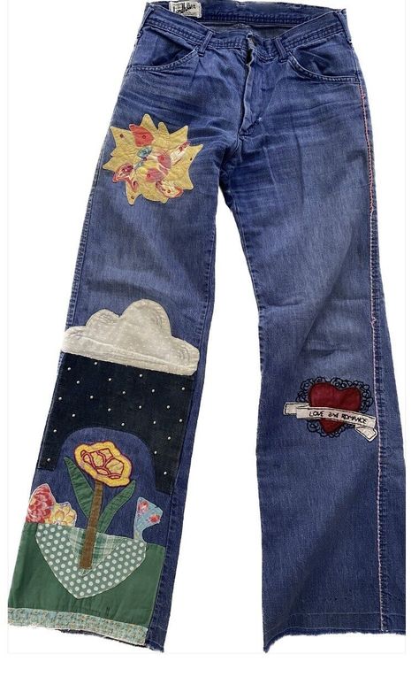 landlubber vintage 70s jeans 26 waist 25 24 embroidered patchwork high rise | eBay Cute Oversized Jeans, Redesigned Clothes Upcycling, Upcycle Womens Clothes, Quilt Patch Overalls, Patched Up Jeans, Things To Make With Old Clothes, Altered Couture Refashioning, Bows On Jeans, Simple Masc Outfits