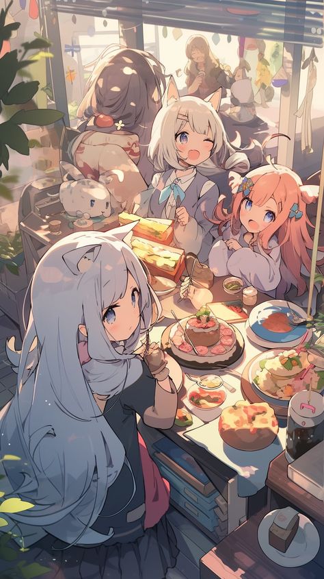 People Sitting Around A Table, Window Cafe, Table With Food, Anime Cafe, Composition Drawing, A Group Of People, Group Of People, People Sitting, Anime People