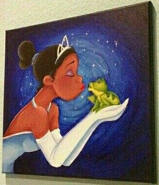 Princess and the Frog Painted Picture Princess In The Frog Painting, The Princess And The Frog Painting, Princess And The Frog Painting Canvas, Princess Tiana Painting, Princess And The Frog Painting, Disney Princess Paintings, Disney Canvas Paintings, Summer Art Projects, Disney Canvas Art