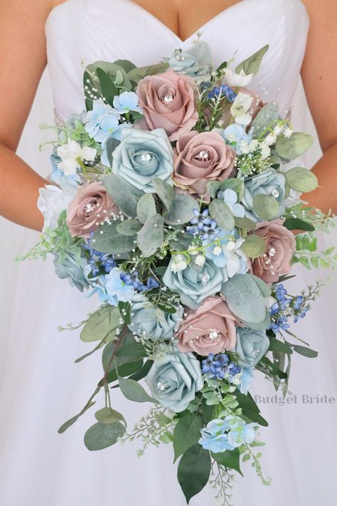 Dusty Rose And Blue Bouquet, Bridal Bouquet Dusty Blue And Blush, Dusty Blue And Dusty Rose Bridesmaid Dresses, Dusty Blue Sage Green And Blush Wedding, Sage And Blue Color Palette Wedding, 2023 Wedding Bouquet, Sage Dusty Blue Mauve Rose Gold Wedding, Rose Gold And Light Blue Wedding, Blue And Pink Bridal Party