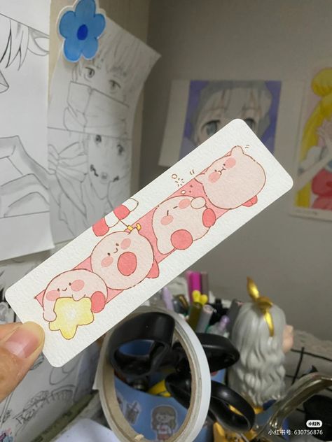 Diy Bookmarks Drawing, Kirby Bookmark, Kawaii Paintings On Canvas, Bookmark Ideas Aesthetic, Aesthetic Bookmarks, Handmade Bookmarks Diy, Penanda Buku, Cute Bookmark, Creative Bookmarks