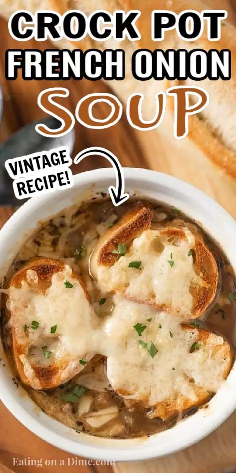 Crockpot French Onion Soup is easy to make and everyone will love the rich broth. Each bowl is topped with a cheesy baguette slice. Homemade Slow cooker french onion soup is simple to make and healthy. Make the best slow cooker french onion soup recipe. Learn how to make authentic classic french onion soup. #eatingonadime #crockpotfrenchonionsoup #slowcooker #SlowCookerEasy #Crockpotbeefbroth #withwine #crockpot Cheesy Baguette, Slow Cooker French Onion Soup Recipe, Onion Soup Crockpot, Crock Pot French Onion Soup, Slow Cooker French Onion Soup, Crockpot French Onion Soup, Homemade French Onion Soup, Stew Crockpot, Classic French Onion Soup