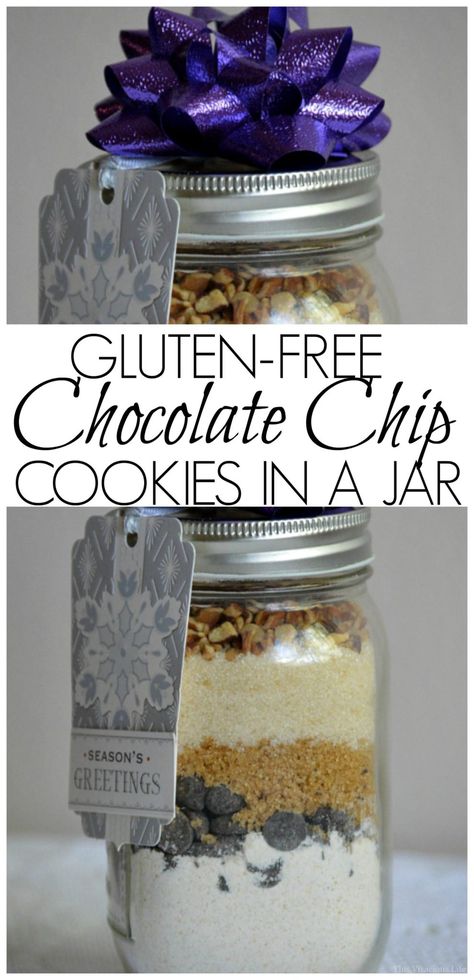 These gluten-free chocolate chip cookies in a jar a great gift for friends and neighbors. Nobody would ever know they are gluten-free. | gluten-free gift ideas | gluten-free cookies in a jar | gluten-free Christmas gift ideas | homemade gluten-free gifts || This Vivacious Life #glutenfreegifts #glutenfreecookies Recipes In A Jar, Gluten Free Gift Basket, Jar Food Gifts, Cookies In A Jar, Gluten Free Gifts, Gluten Free Christmas Cookies, Mason Jar Christmas Gifts, Mason Jar Cookies, Christmas Cookie Jars