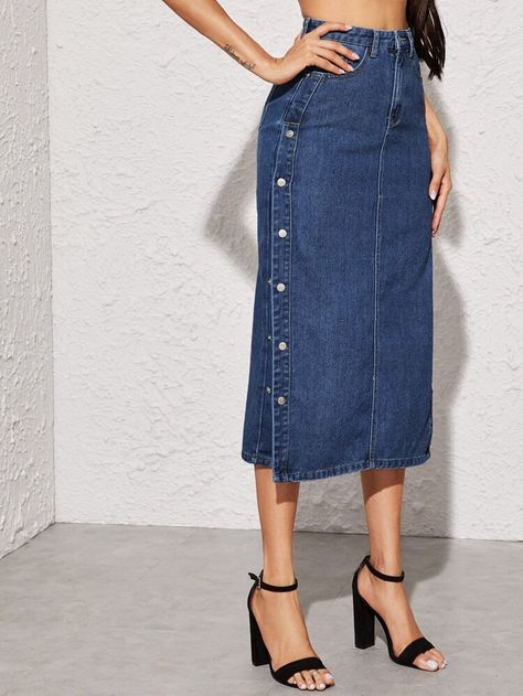 Press Button Side Straight Denim Skirt | SHEIN Jean Skirt Outfit, Denim Midi Skirt Outfit, Denim Button Skirt, Jean Skirt Outfits, Midi Skirt Outfit, Denim Skirt Outfits, Long Denim Skirt, Denim Skirt Women, Outfit Jeans