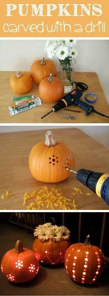 To fake major pumpkin skillz, a drill is your greatest ally. | 27 Incredibly Easy Ways To Upgrade Any Halloween Party Pumpkin Carving With Drill, Hallowen Ideas, Dekor Diy, Theme Halloween, Fall Holidays, Fall Diy, E Card, Fete Halloween, Dremel