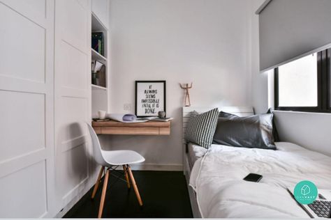 How To Make A Tiny Bedroom Look Twice As Large | Qanvast 10 Sqm Bedroom, Small Bedroom Inspiration, Condo Bedroom, Tiny House Inspiration, Minimal House Design, Common Room, Condo Living, Loft Design, Tiny Bedroom