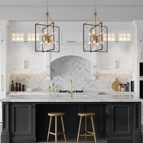 Kitchen Renovation Ideas, Kitchen Island Lighting Modern, Renovation Kitchen, Kitchen Storage Hacks, Black Kitchen Island, Kitchen Island Chandelier, Organizing Hacks, Kitchen Island Lighting Pendant, Gold Kitchen