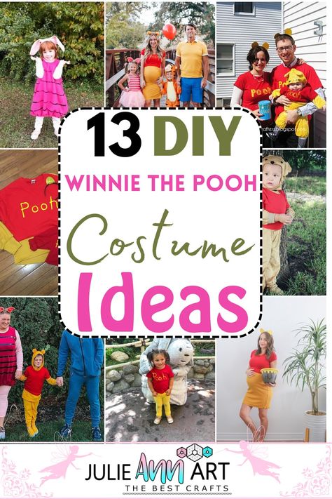 Diy Family Winnie The Pooh Costumes, Winnie The Pooh Dress Up Diy, Easy Winnie The Pooh Costume, Winnie The Pooh And Honey Pot Costume, Winnie The Pooh Halloween Costume Group Family, Winne The Pooh Halloween Costumes Family, Homemade Winnie The Pooh Costume, Family Pooh Halloween Costumes, Eeyore Diy Costume