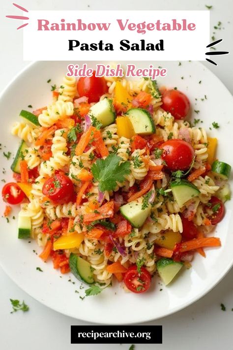 Rainbow Vegetable Pasta Salad Veggie Filled Pasta, Impressive Side Dishes, Potluck Salad Recipes, Rainbow Pasta Salad, Potluck Salads, Healthy Lunch Options, Light Dinner Ideas, Vegetable Pasta Salad, Healthy Potluck