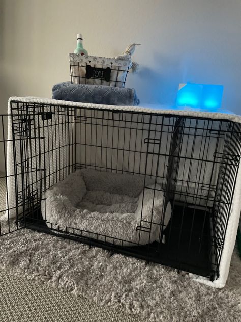 Puppy Dog corner Dog Area In Room, Apartment Dog Area, Dog Cage In Bedroom, Dog Area Aesthetic, Dog Section In Bedroom, Dog Cage Set Up, Cute Puppy Set Ups, Puppy Kennel Ideas, Dog Kennel Aesthetic