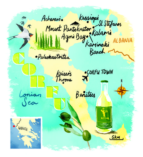 Corfu map by Scott Jessop. August 2013 issue. Corfu Illustration, Greek Island Map, Corfu Map, Paros Greece Map, Map Of Mykonos Greece, Karpathos Greece, Greece Map, Corfu Town, Karpathos