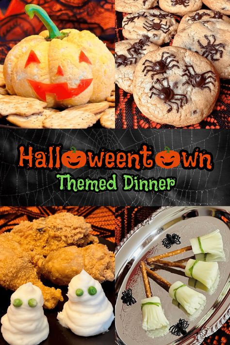 Halloweentown Themed Dinner Halloween Town Party Ideas, Halloween Themed Dinner Recipes, Halloweentown Movie Food Ideas, Halloween Town Movie Night Food, Halloweentown Movie Snacks, Halloween Town Food Ideas, Halloween Town Themed Dinner, Halloweentown Themed Party, Themed Family Dinner Nights