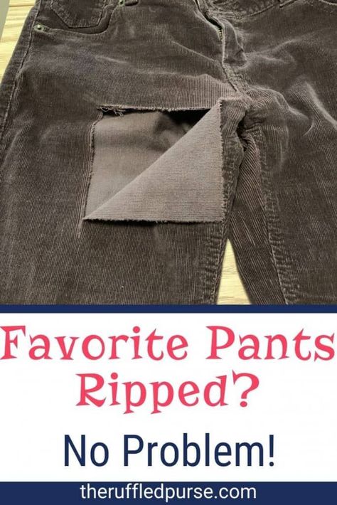 It is possible to mend a hole or tear in fabric. You can fix a rip in jeans or other pants through visible mending. One DIY method for patching a rip or hole in pants or jeans is to use fabric for the patch and hand sew a running stitch in a simple design. Fix A Rip In Jeans, How To Repair A Tear In Fabric, Fixing Rips In Jeans, Jean Rip Repair Embroidery, Jean Rip Repair, Mending Tears In Clothes, How To Mend Ripped Jeans, How To Fix A Tear In Fabric, Repairing Ripped Jeans