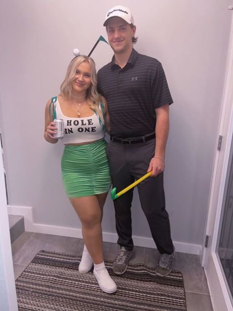 Cute Unique Halloween Costumes For Couples, Appropriate Halloween Costumes Couples, Golfer Couple Costume, Couples Golf Costume, Golf Couple Halloween Costumes, Tequila And Lime Costume Couple, Hole In One Costume, Couples Golf Halloween Costume, Modest Couple Costumes