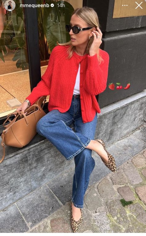 Weekends With Adele Outfit, Salmon Sweater Outfit, Fun Outfit Ideas For Women, Red Cardigan And Jeans Outfit, Winter Blouse Outfit, Bright Business Outfits, Paintbox Spring Outfits, Casual Red Outfits For Women, Casual Cute Brunch Outfits