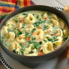 This is a recipe that I found online.  My family likes the cheese tortellini best but both are yummy.  I usually cook this on the stove and serve.  However once you have the garlic, celery, carrots, onion, and spinach, cooked down you could very easily put this into a crock pot and let it cook. Olive Garden Tortellini Soup, Olive Garden Tortellini, Tortellini Spinach Soup, Spinach Tortellini Soup, Spinach Soup, Cheese Tortellini, Tortellini Soup, Three Cheese, S'mores