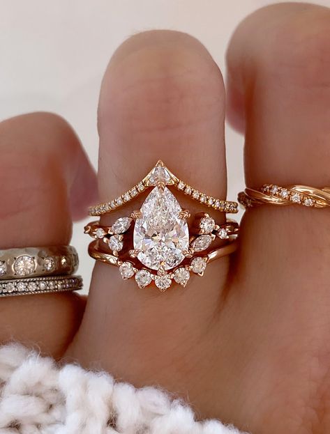 Caption:Shown with 1.5ct pear Wedding Band For Odd Shaped Engagement Ring, Pear Engagement Ring With Crown Band, Vintage Gold Wedding Ring Set, Rose Gold Ring Stacks, Brooklyn And Bailey Engagement Ring, Bohemian Style Engagement Ring, Ring Stacking Ideas Wedding Bands Gold, Cowgirl Wedding Rings, Boho Wedding Ring Set