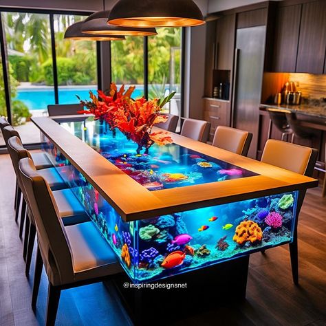 Which dining table aquarium you taking! 🤔🤔 Aquarium Furniture, Table Aquarium, Fish Tank Table, Fish Tank Coffee Table, Dining Island, Aquarium Coffee Table, Think Bigger, Epoxy Countertops, Cool Kids Bedrooms