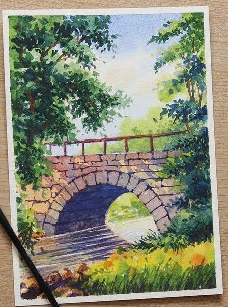 Bridge Watercolor, River Painting, Canvas Painting Landscape, Canvas Art Painting, Drawing For Kids, Art World, Landscape Paintings, Watercolor Art, Canvas Painting